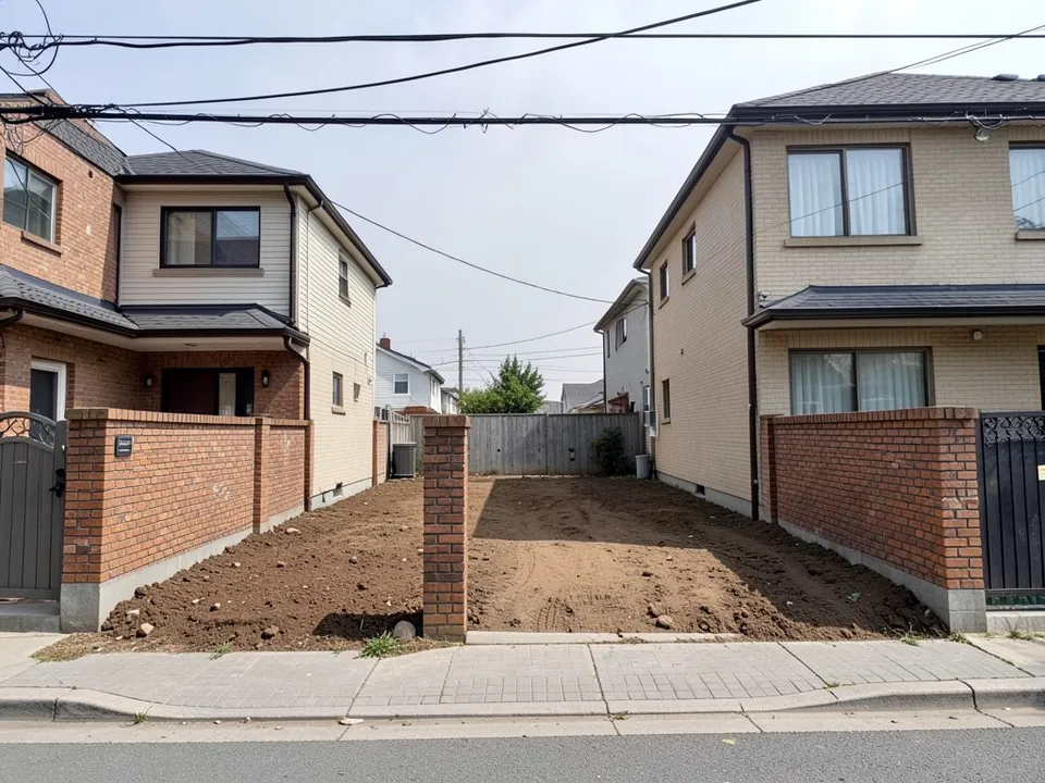 An empty narrow urban plot of bare earth between a two-storey house on the left and a three-storey house on the right, with a low brick boundary wall with a gate opening, overhead power lines and a paved lane in front