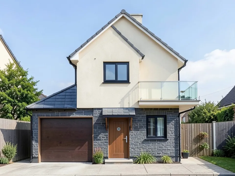 A photo-like render of the same house with beige plaster upstairs, dark grey stone cladding on the ground floor, a dark grey tile gable roof, black windows, a glass balcony railing, a wood garage door and front door, a driveway, plants, fences and trees