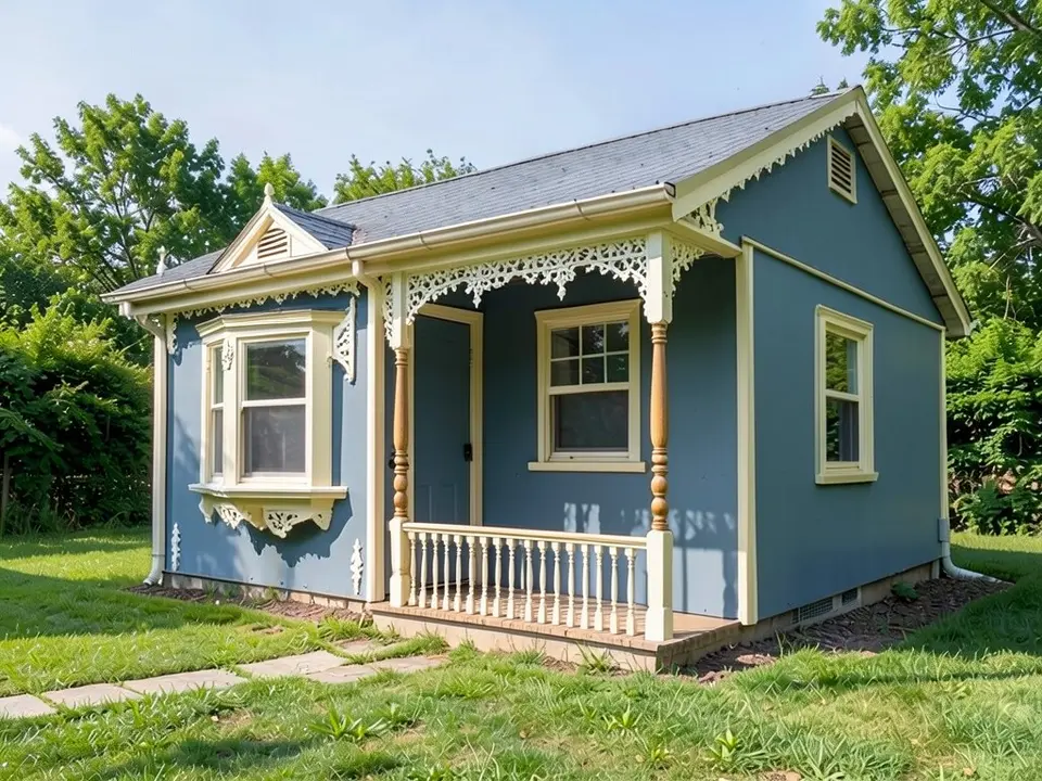 The same house with dusty blue walls, cream trim, a bay window with brackets on the left, a porch with two turned wooden posts, a spindle railing and lacy cream trim, bargeboards on the gable, a small dormer on the roof and a dark grey roof