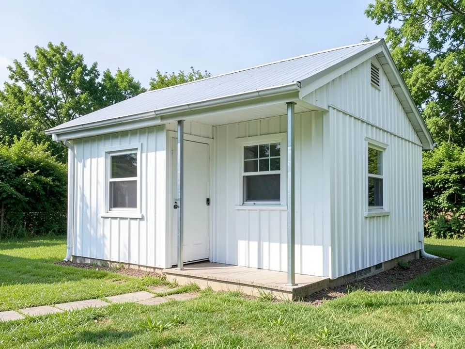 A small single-storey house with white vertical metal-look siding, a low pitched roof with a light grey roof surface, a recessed porch with two thin metal posts, two white windows, a stone path and a lawn with trees behind