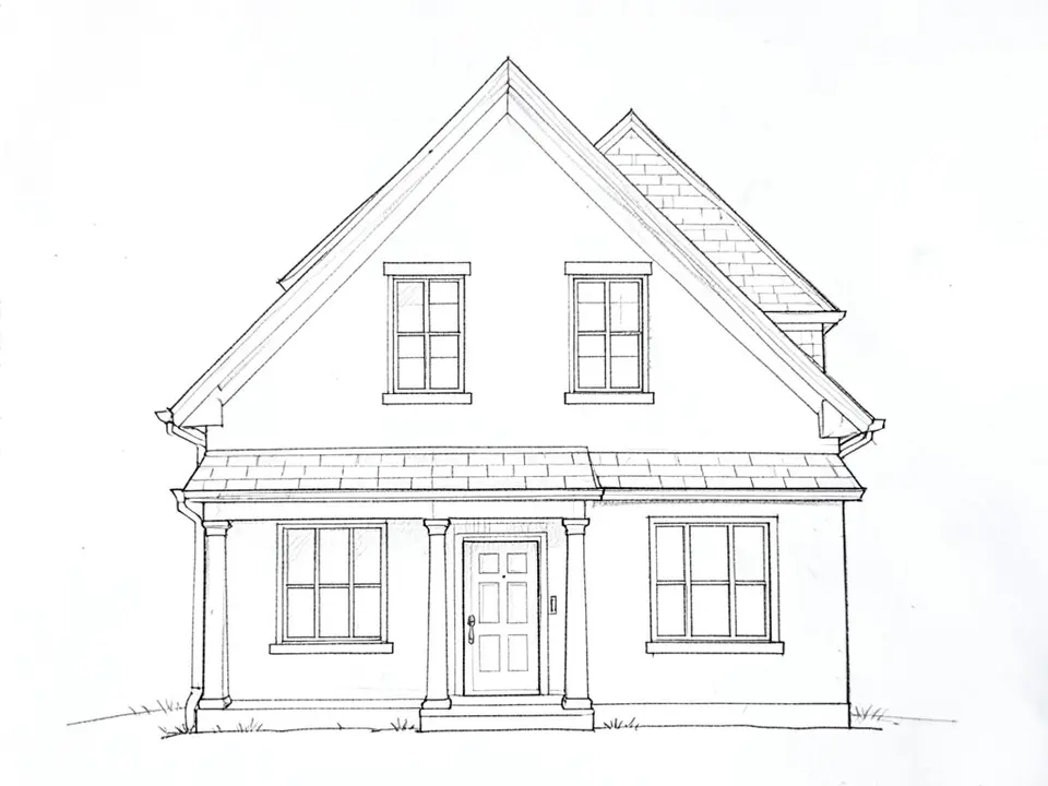 A black pencil line sketch on white paper of the front of a two-storey house with a steep gable roof, a smaller side wing with a shingled roof, a front porch on three columns, a door in the middle and a window on each side