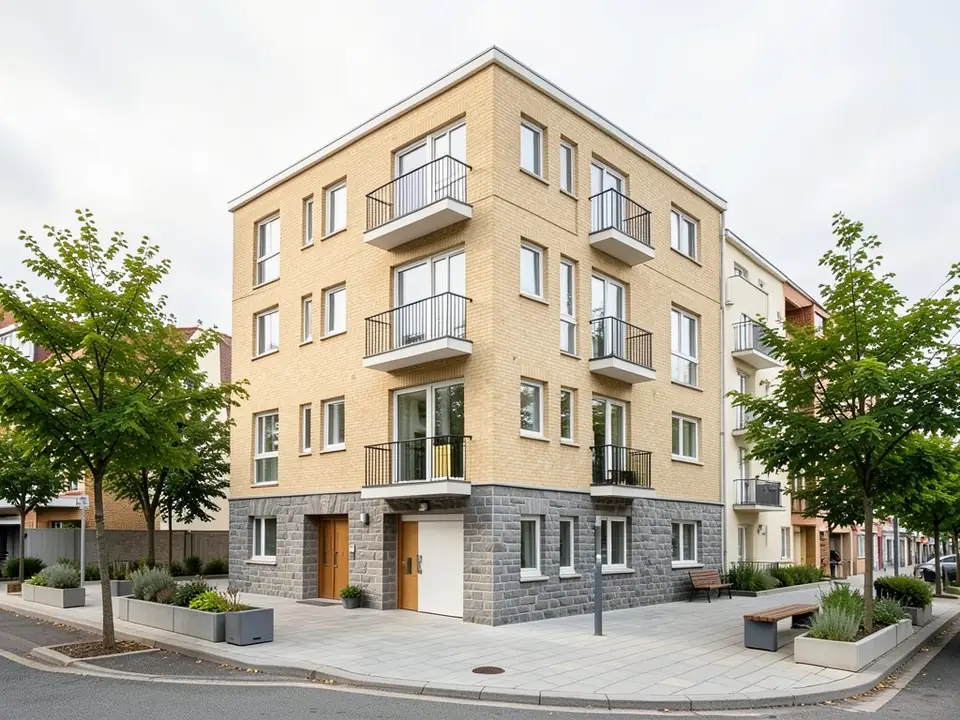 Photorealistic photo of the same apartment block with light beige brick walls, a grey stone ground floor, black balcony railings, a paved corner with planters, benches and young trees under an overcast sky