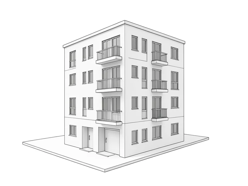 Archicad-style white model view with black contour lines of a four-storey corner apartment block with a flat roof, a regular window grid and two stacks of balconies