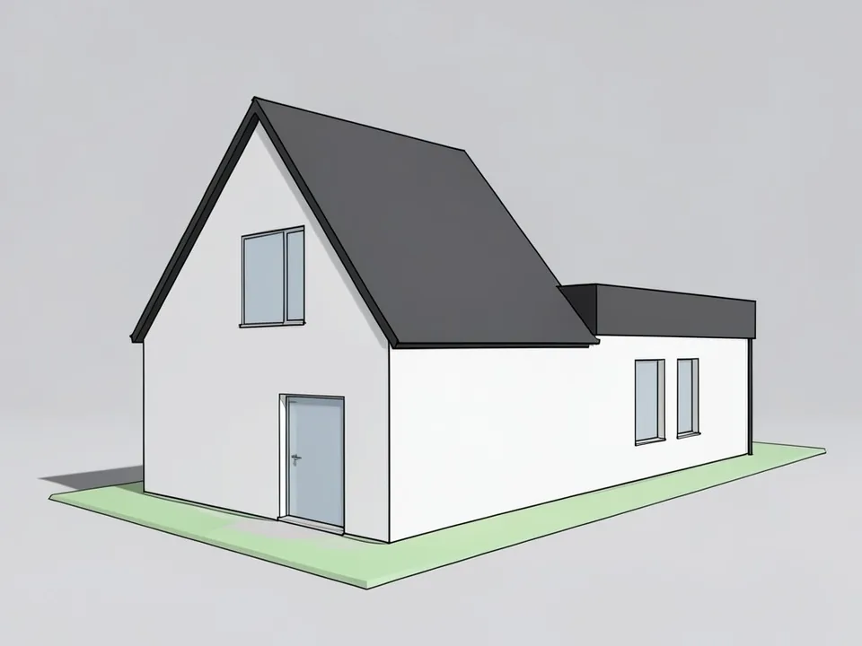 Archicad-style shaded 3D view of a two-storey family house with a steep dark grey gable roof, white walls, a flat-roofed single-storey side wing and a pale green terrain plane