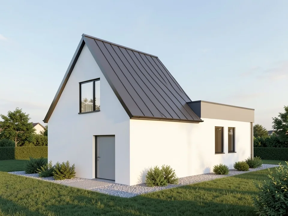 Photorealistic render of the same house with a dark standing-seam metal roof, white render walls, black-framed windows, a gravel strip, shrubs, a lawn and evening sky