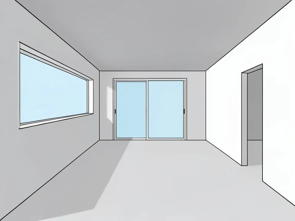 Archicad-style shaded interior 3D view of an empty room with a long window band on the left wall, a sliding glass door at the back and a doorway on the right