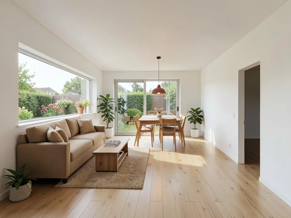 Photorealistic living and dining room in the same room with an oak floor, a beige sofa under the window band, a wooden coffee table on a rug, a dining table by the sliding door, a pendant lamp, plants and a garden outside