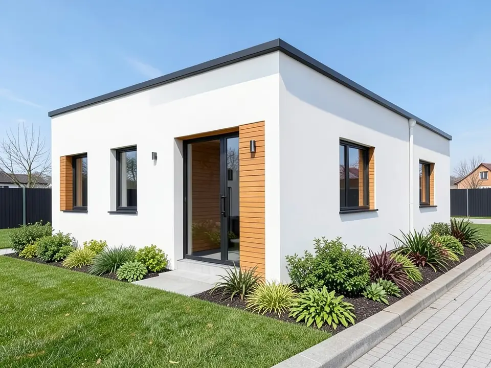Photorealistic render of the finished house with white render walls, timber cladding by the entrance, black framed windows, lawn and planted borders