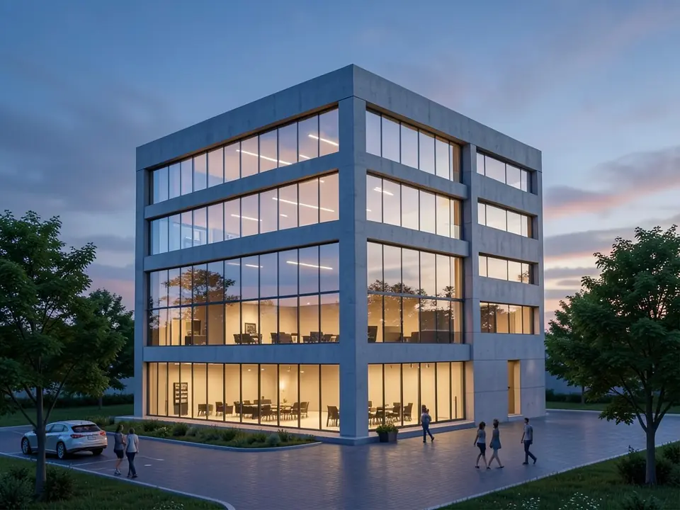 Photorealistic dusk render of the same office building with reflective glass, lit interiors, mature trees, a paved forecourt and people