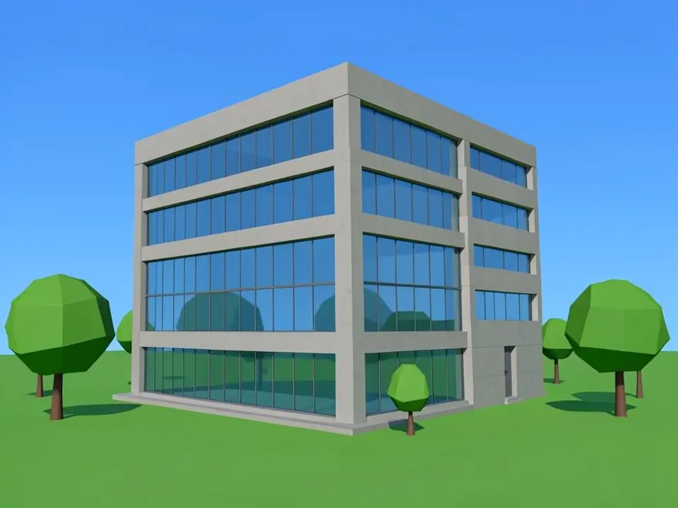 Dated low-poly 3D render of a four-storey glass and concrete office building with flat blue sky and cartoon trees