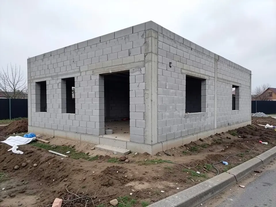 Photo of an unfinished single-storey house with bare concrete block walls, empty window openings and a dirt yard