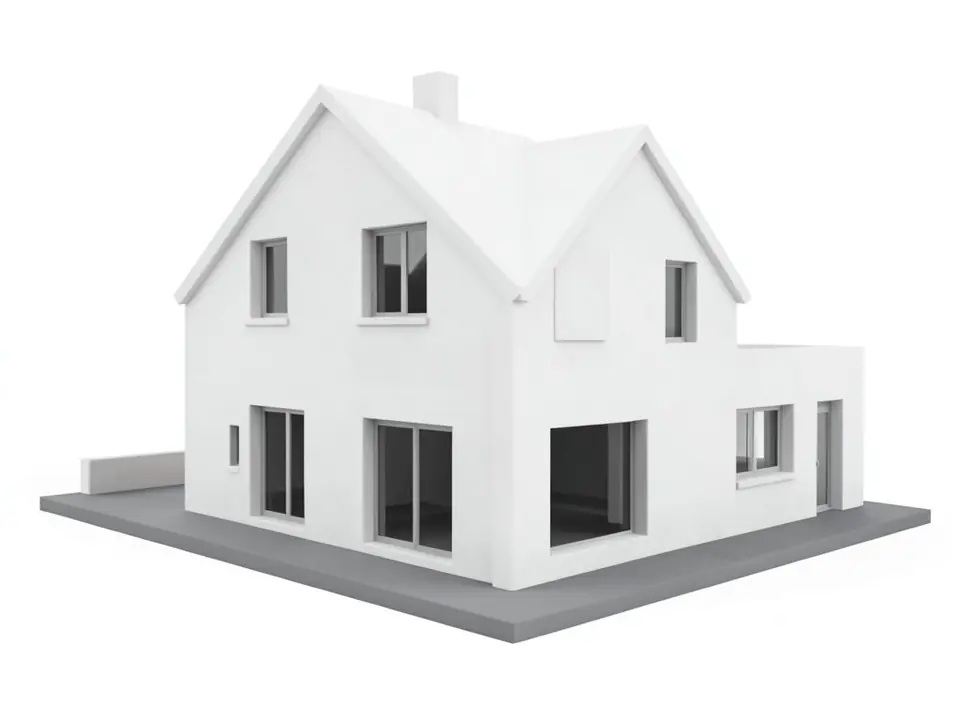 White clay model render of a two-storey villa with a pitched roof, chimney, deep window openings and a low side wing