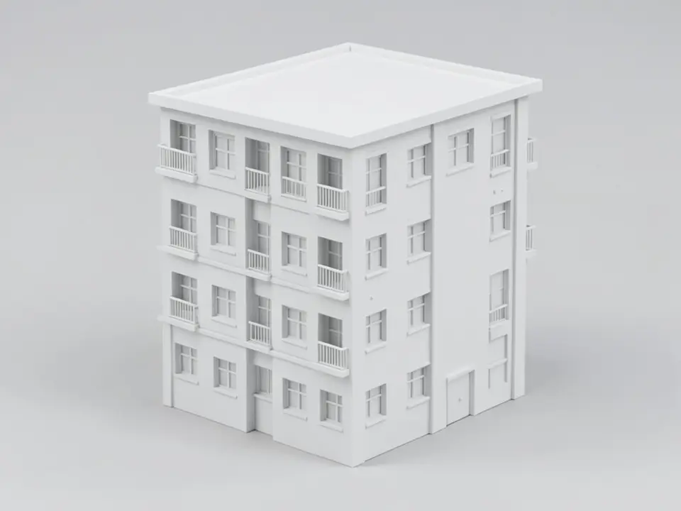 Plain untextured white clay 3D model view of a four-storey apartment building with a flat roof, regular rows of windows, and white railed balconies on the front corner, on a plain grey ground