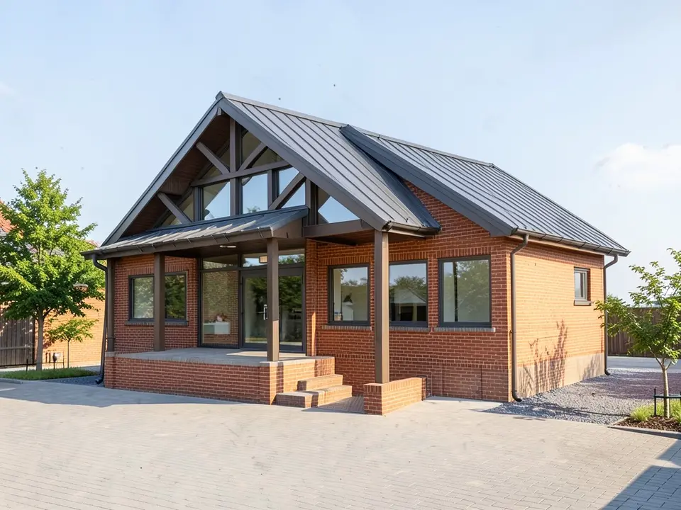 Photo-like image of the same building with red brick walls, a dark grey metal roof, a glazed gable with a timber truss, brown porch posts, three dark-framed windows along the side wall, a paved forecourt and small trees