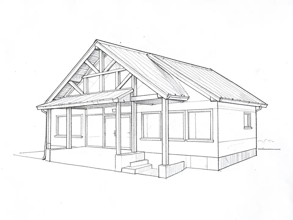 Pencil line sketch in perspective of a small single-storey building with a steep pitched roof, an open timber truss in the front gable, a covered porch with posts and steps, a glazed entrance and three windows along the side wall
