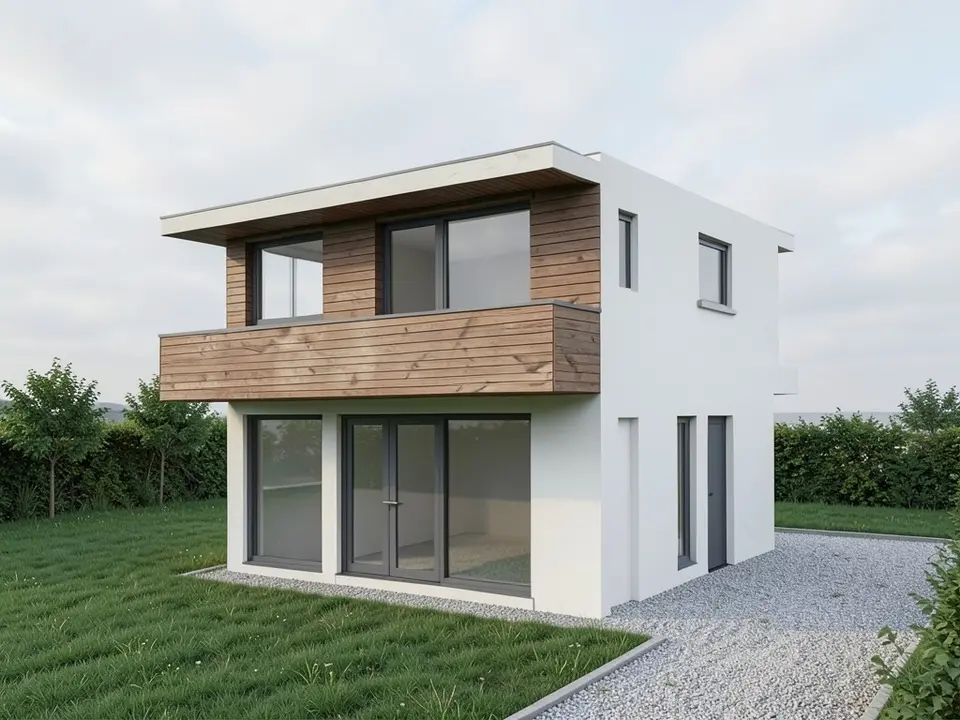 Photo-like image of the same two-storey house with white rendered walls, timber cladding on the upper floor, dark grey window frames, a lawn, a gravel drive, hedges and trees behind and a pale cloudy sky