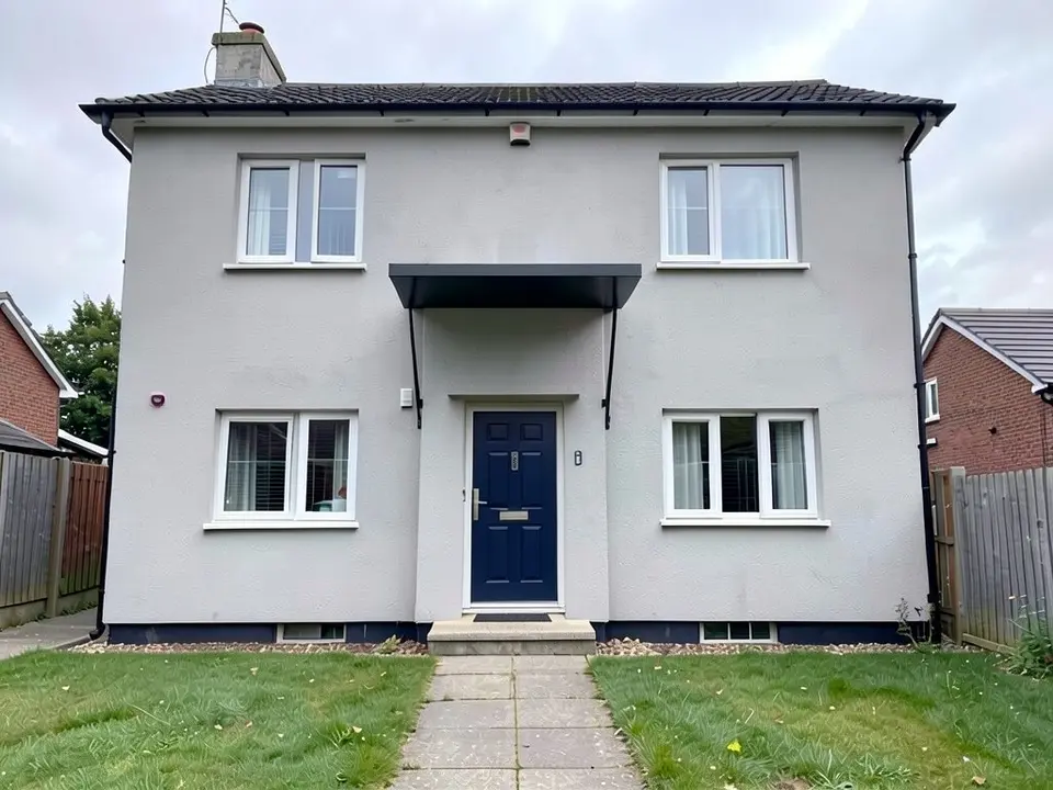 The same house with a flat black metal canopy over the front door, two thin black rods running from its ends down to the wall, and the same dark blue door, windows, roof, fences, path and lawns