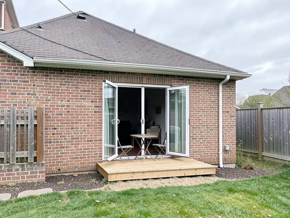 Back of a red brick house with a grey hipped roof, patio doors with both door leaves swung open onto a small wooden deck with a table and two chairs, a wooden fence panel on the left and a wooden fence on the right, mulch beds and a lawn