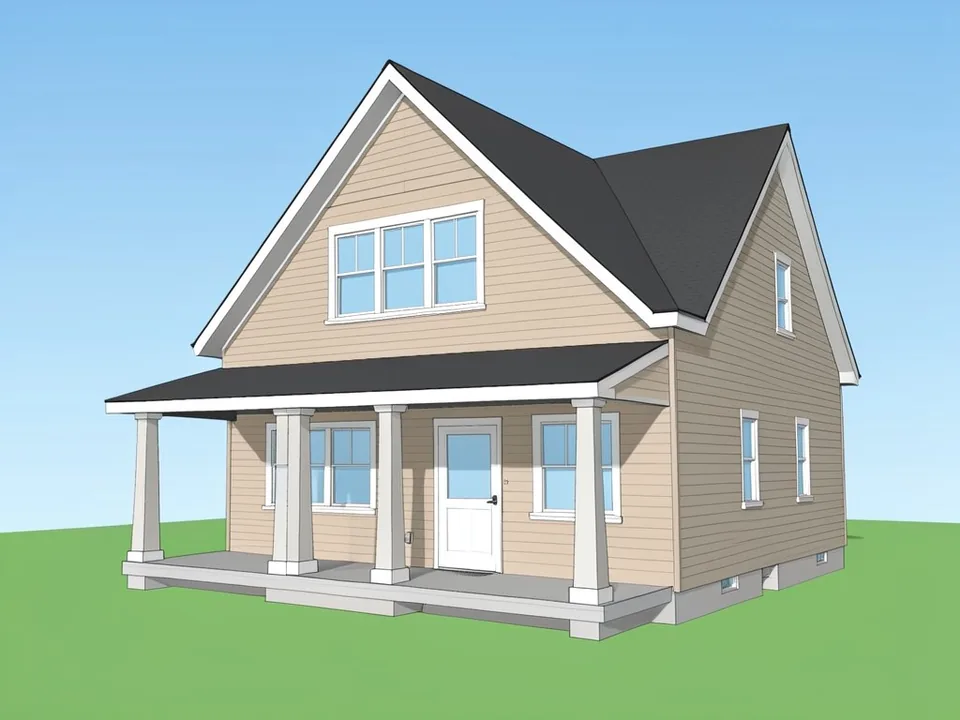 Chief Architect-style standard camera view of a two-storey craftsman house with beige lap siding, a steep dark grey front gable, a full-width front porch on four square columns, white-trimmed windows, a flat green terrain and a plain blue sky
