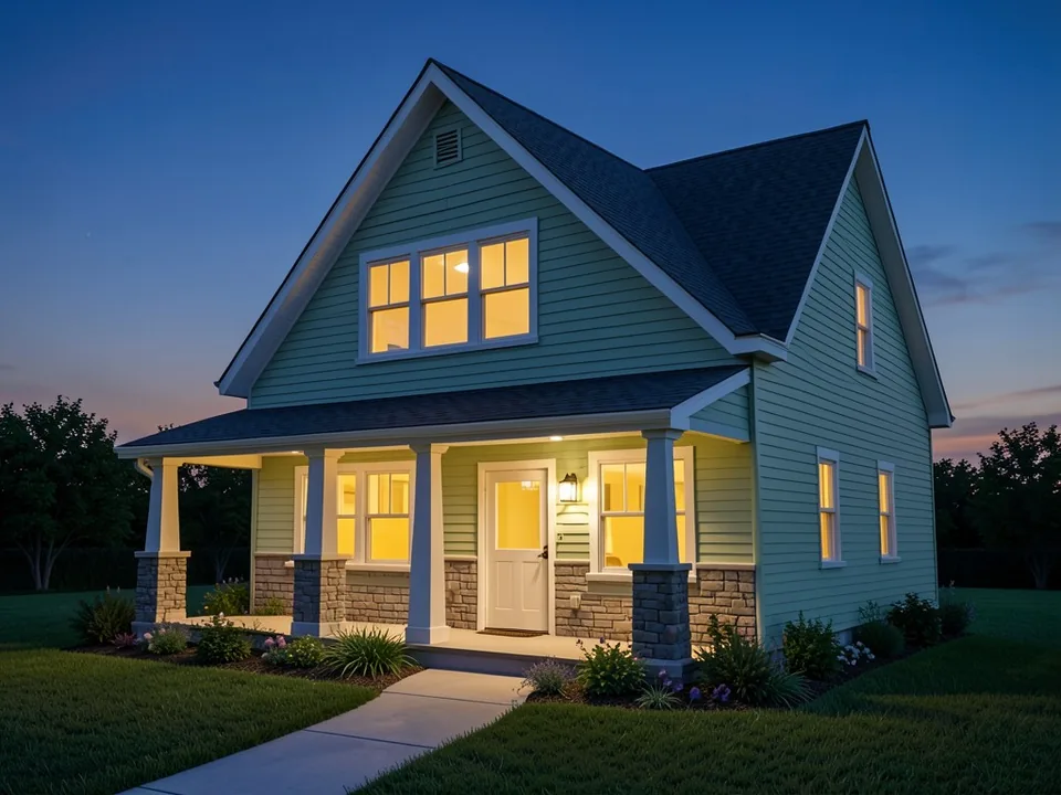 Photorealistic dusk photo of the same craftsman house with sage green siding, white trim, a charcoal shingle roof, stone column bases, glowing windows, a lit porch, flower beds, a lawn and a concrete front walk under a deep blue evening sky