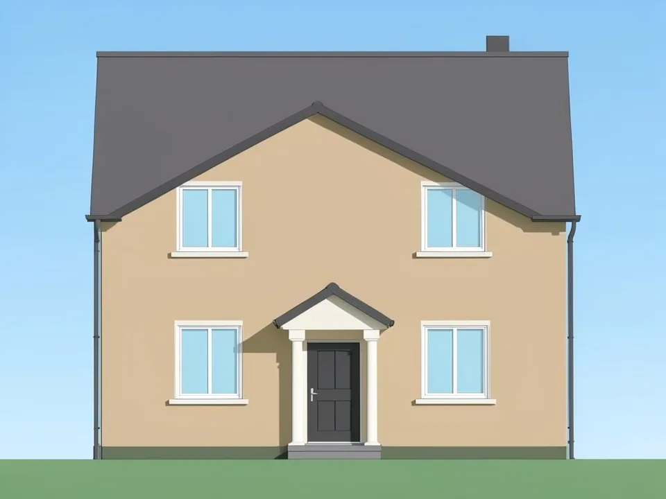 Chief Architect-style flat front elevation of a two-storey house with tan walls, a large dark grey roof with a front gable and a chimney, two upper and two lower white-framed windows, a small gabled portico on two columns over a dark door, a green ground strip and plain blue sky