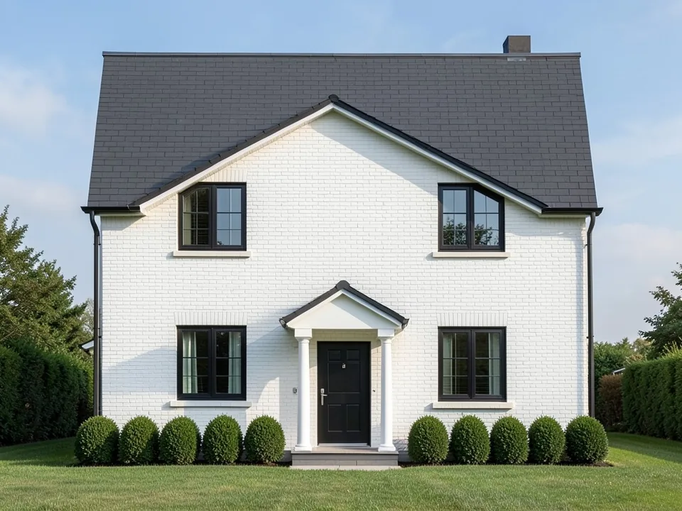 Photorealistic straight-on daylight photo of the same house front in painted white brick with black window frames, a black front door under a white columned portico, a charcoal roof with a chimney, a row of round boxwood shrubs and a lawn