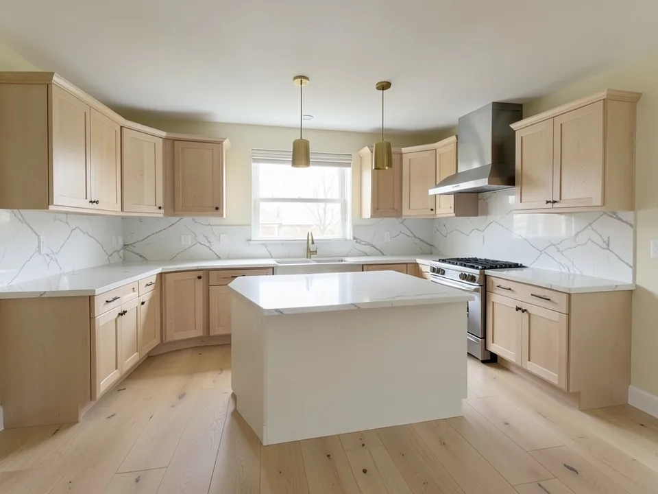 Photorealistic photo of the same kitchen with light oak shaker cabinets, white veined quartz countertops and backsplash, a stainless steel range and hood, two brass pendant lights over a white island and a wide-plank light oak floor