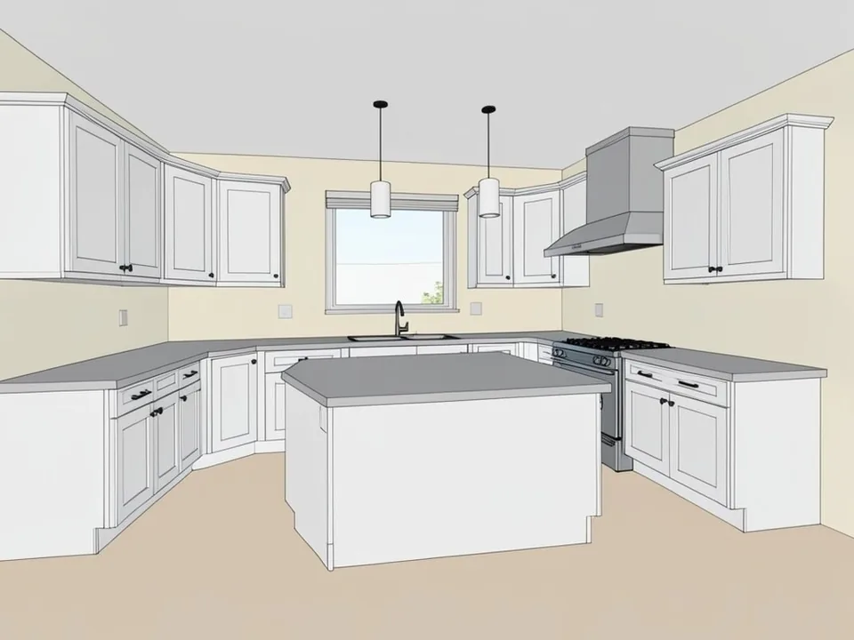 Chief Architect-style standard interior camera view of a U-shaped kitchen with plain white cabinet boxes, flat grey countertops, a center island, a window over the sink, a range with a box hood and two simple cylinder pendant lights