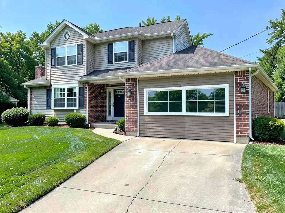 The same house with the garage door replaced by a taupe siding wall holding one wide white-framed window, with the brick, the front door, the driveway and the lawn unchanged