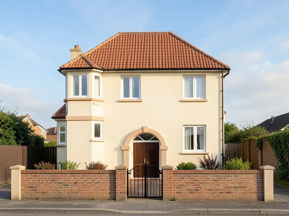Photo-like image of the same house in cream plaster with a terracotta tiled roof, a bay window on the left, white window frames, an arched stone-coloured porch with a dark brown double door and a low brick wall with a black gate, with houses and a fence behind