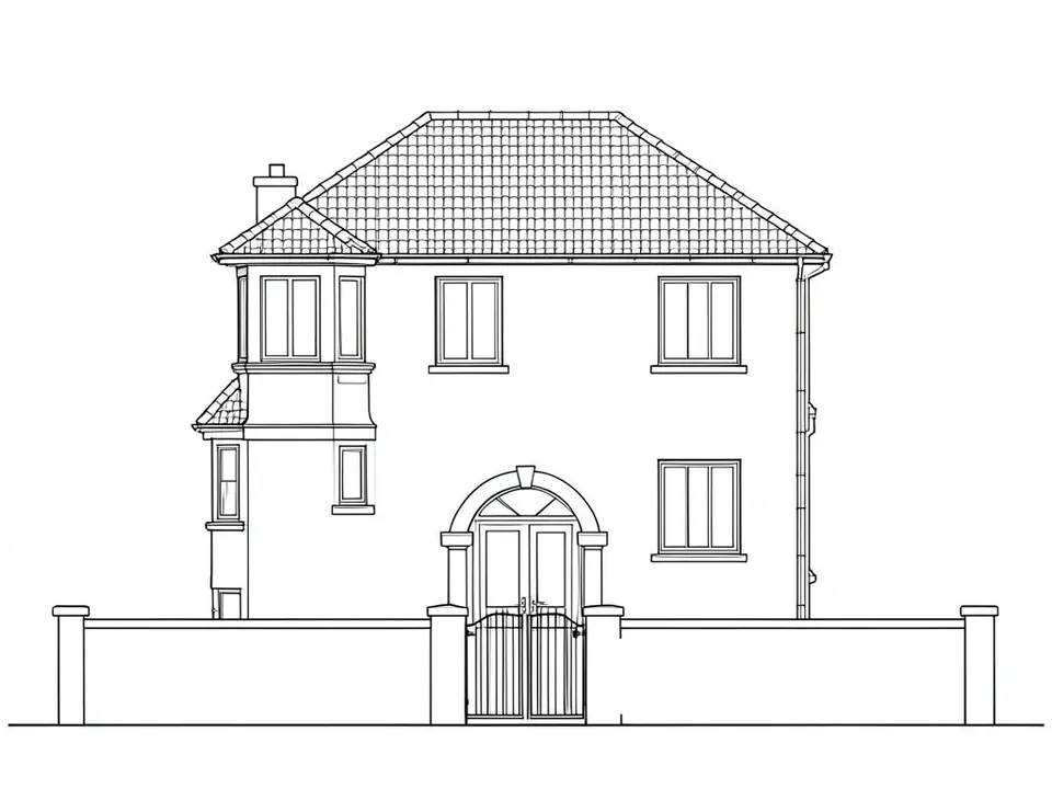 Black line drawing of the front elevation of a two-storey house with a tiled hip roof, a projecting bay with windows on the left, three more windows, an arched porch with a double door and a boundary wall with a gate in front