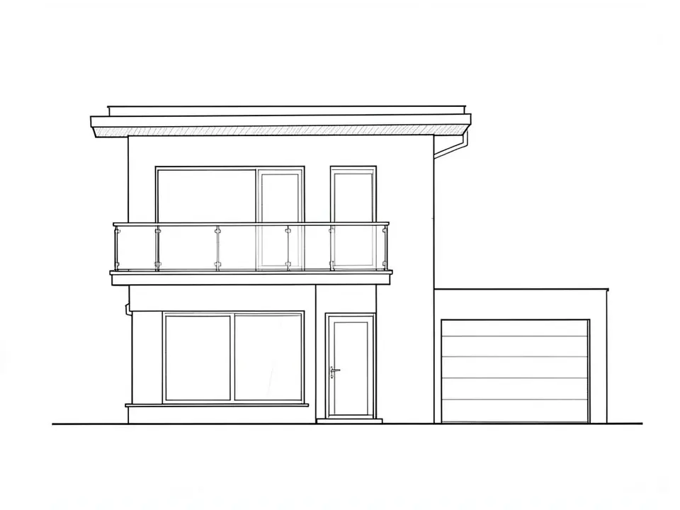 Black line drawing of the front elevation of a modern two-storey house with a flat roof, a first-floor balcony with a glass railing, a large ground-floor window, a front door and an attached garage with a sectional door on the right
