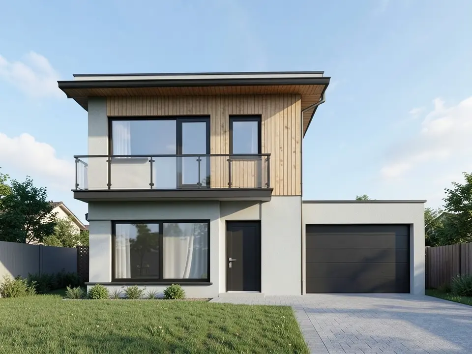 Photo-like image of the same house with light grey rendered walls, vertical timber cladding on the first floor, black window frames, a dark front door and garage door, a lawn and a paved driveway in front and a blue sky