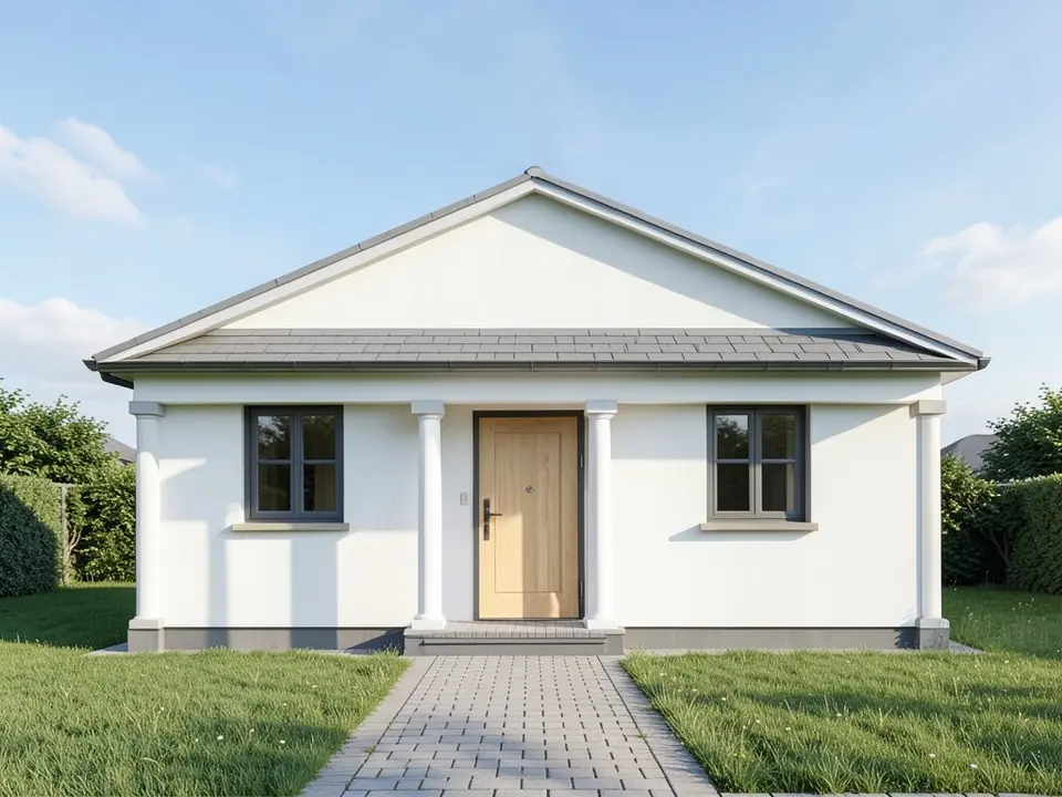 Photo-like image of the same single-storey house with white rendered walls, a grey roof, four slim white columns along the porch, dark grey window frames, a light wood front door, hedges, a lawn and a paved path under a blue sky