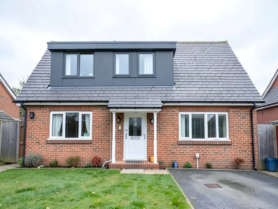 The same bungalow with a wide flat-roofed dormer clad in dark grey panels in the front roof slope, with three small windows, above the same brick walls, white door and windows