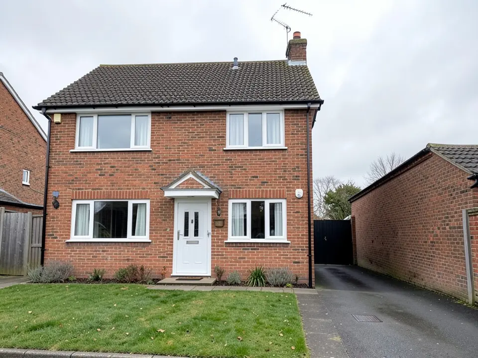 Front of a detached two-storey brick house with a pitched tiled roof, a white front door with a small porch roof, white windows either side, a lawn and a driveway running up the right side to a black gate between the house and a neighbouring brick wall