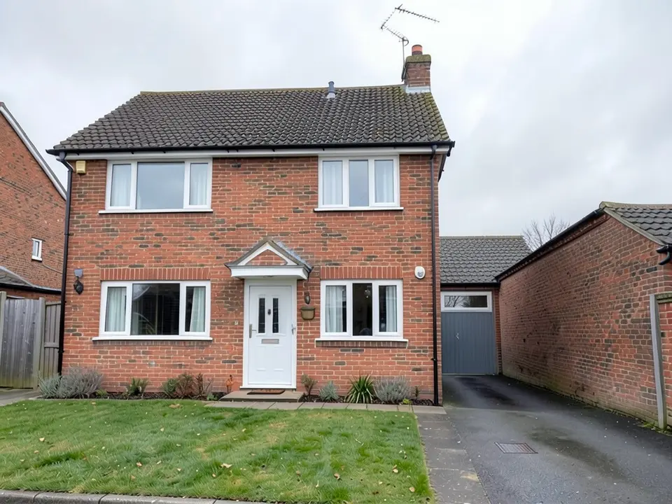 The same house with a low garage block beside it down the driveway, with a pitched grey tiled roof, a grey garage door and a small window above the door, in place of the black gate