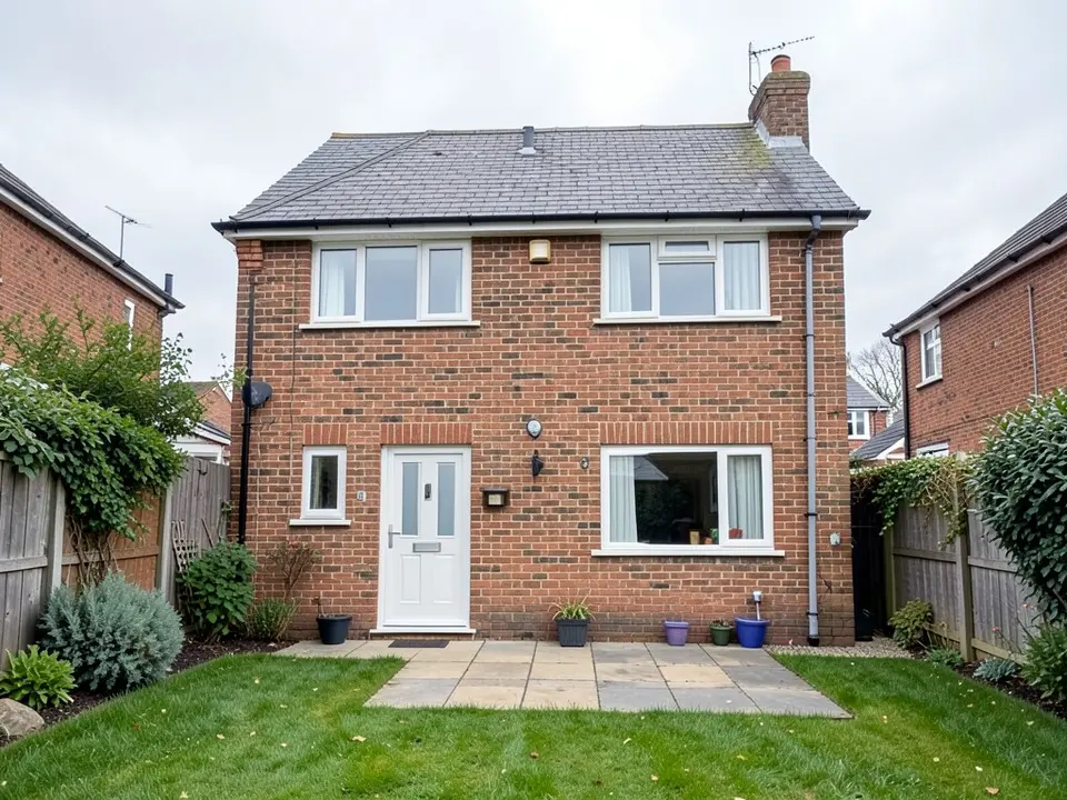 Back of a brick house seen from the garden, with two upstairs windows, on the ground floor a small window, a white back door and a larger window, a slate roof with a chimney, patio slabs and a lawn