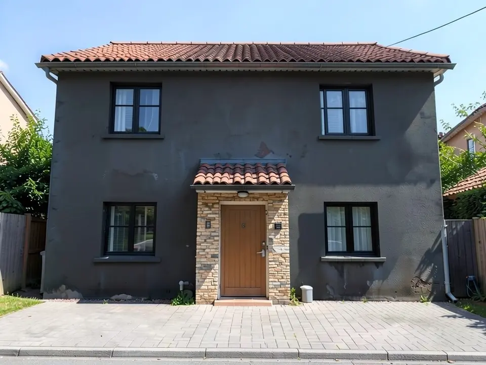 The same house with dark charcoal grey walls, black window frames and no shutters, a natural stone strip around the front door under the small tiled porch roof, the same terracotta roof and paved yard