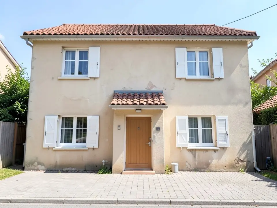 Two-storey house with faded beige stucco walls with some flaking patches, a low terracotta tiled roof, small windows with white frames and white shutters, a small tiled porch roof over a wooden front door and a paved front yard