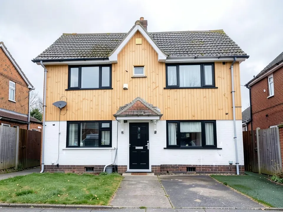 The same house with the upper floor and gable clad in vertical pale timber boards, the ground floor painted white, black window frames and a black front door, with the same roof, driveway and lawn