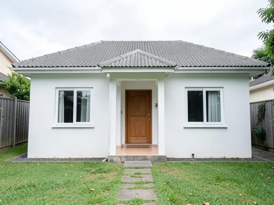 Single-storey bungalow with white painted walls, a grey tiled hip roof, a small porch with two square white columns and a wooden front door, two white-framed windows and a lawn with a stepping-stone path