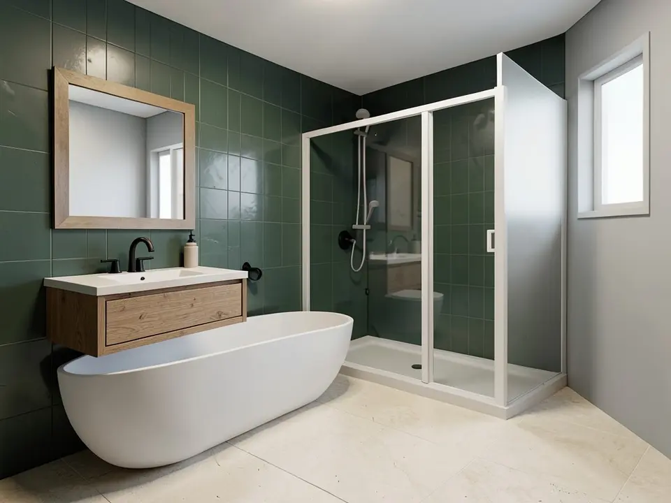 Photo-like image of the same bathroom with dark green wall tiles behind the vanity and inside the shower, an oak vanity with a white basin and black tap, a framed wooden mirror, a white freestanding bath, a white framed shower with clear glass and cream stone-look floor tiles