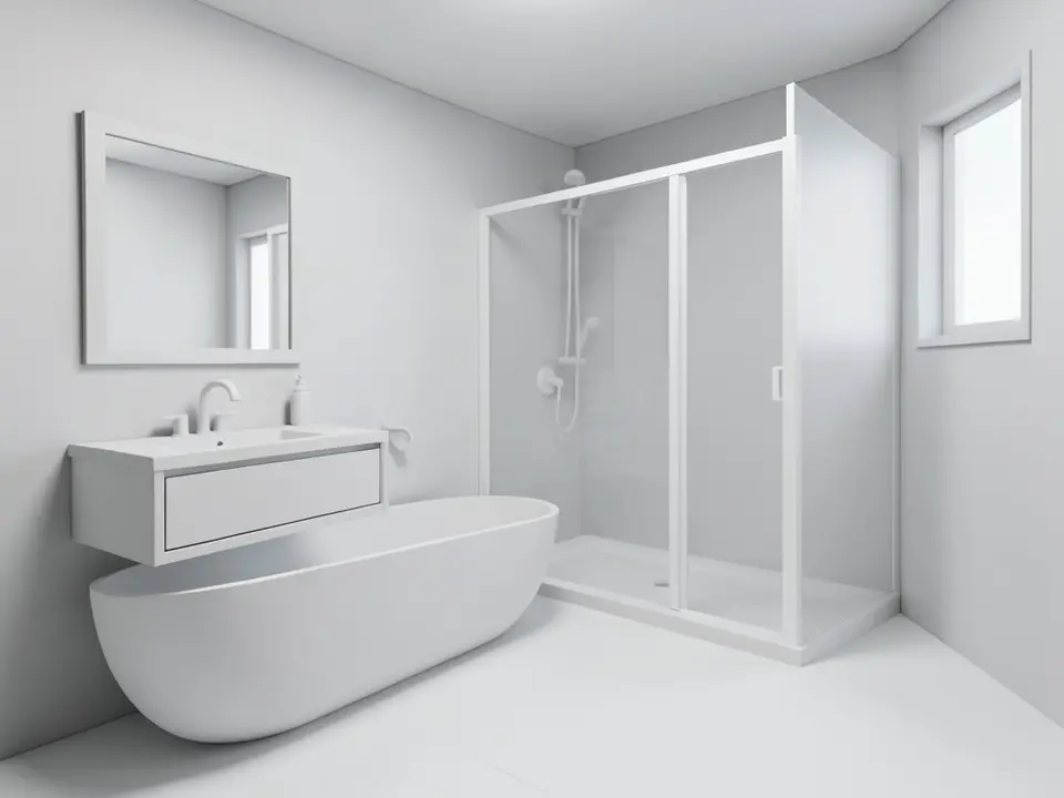 Plain untextured white 3D model view of a bathroom with a freestanding bathtub, a wall-hung vanity with a basin and mirror, a walk-in shower with a frosted glass enclosure and a small window, all in white and light grey