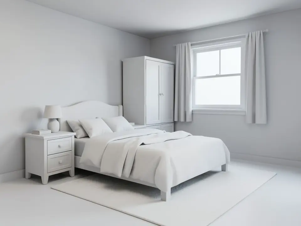 Plain untextured white and light grey 3D model view of a bedroom with a double bed, a bedside table with a lamp, a wardrobe in the corner, a window with curtains and a white rug on a white floor