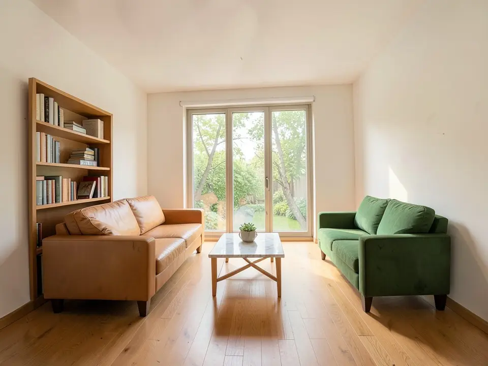 Photo-like image of the same room with a tan leather sofa on the left, a green fabric sofa on the right, a marble-top coffee table, a wooden bookcase full of books, a glass door onto a garden with trees, an oak floor and warm white walls