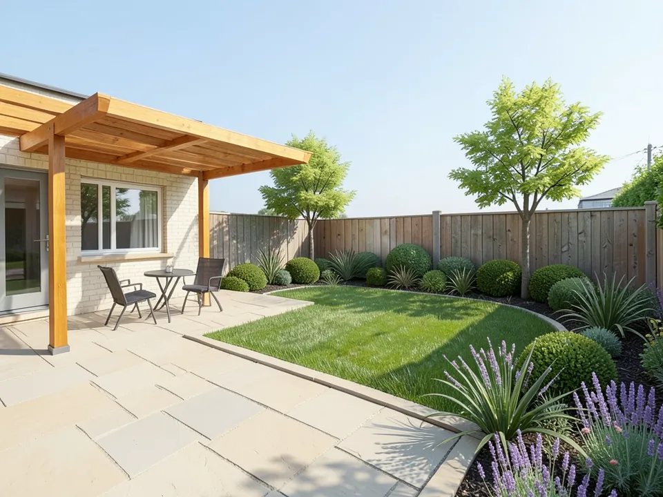 Photo-like daytime render of the same garden with a warm timber pergola, light sandstone paving, two dark metal chairs and a round table, a pale cream brick house wall, a green lawn, clipped round shrubs, spiky plants and purple flower spikes in the border, two young trees and a weathered timber fence under a clear sky