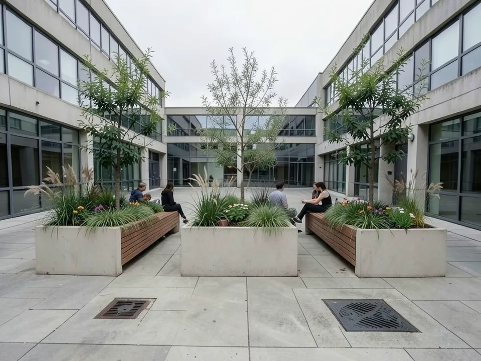 Photo-like render of the same courtyard with three pale concrete raised planters in a row across the middle, planted with young trees, ornamental grasses and flowers, timber bench seats on the left and right planters, people sitting around them, and the same buildings, paving and two front drain covers under an overcast sky