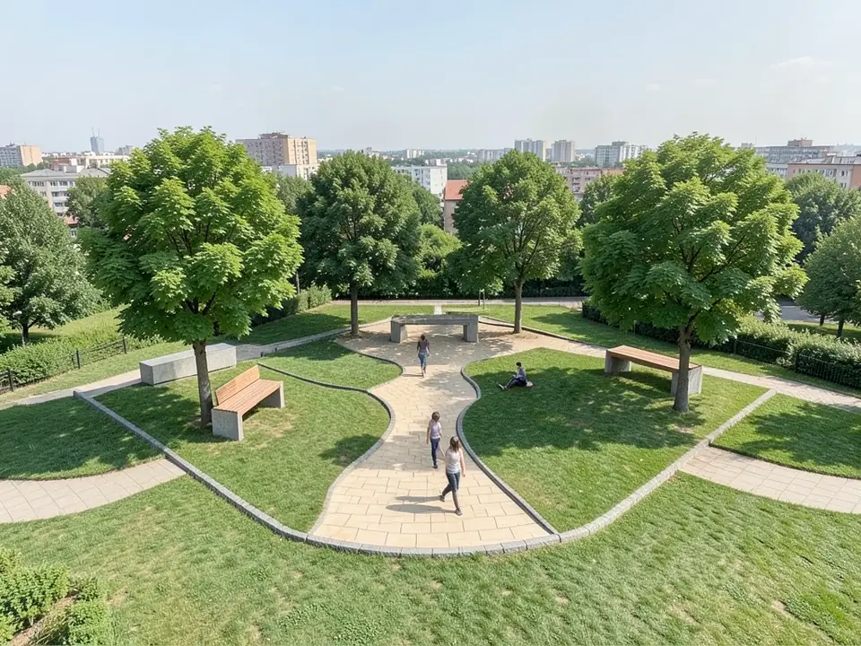 Photo-like daytime render of the same small park seen from much higher up, looking steeply down: a winding buff stone path between two lawns inside a low stone kerb, four leafy trees in the same places, two timber benches and two plain grey concrete benches, three people walking on the path and one sitting on the grass, with paths, hedges, railings and city apartment blocks around it