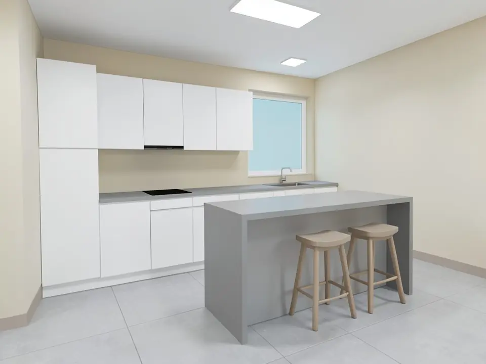 Plain 3D model view of a kitchen with a straight run of white handleless cabinets and two tall cabinets, a grey countertop with a black cooktop and a sink under a window filled with flat blue, a slim black hood, a grey waterfall island with two light wood stools, beige walls, two ceiling light panels and a light grey large-tile floor